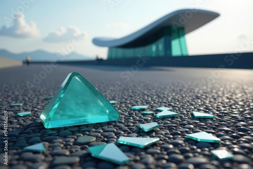 A shattered teal triangular prism rests on a textured surface near a modern architectural structure, symbolizing resilience and the beauty found in unexpected fragmentation.