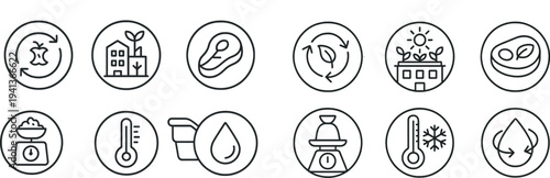 Infographic illustrating concepts of recycling, urban gardening, food measurement, and temperature control. These elements emphasize sustainability and healthy living practices in daily life.