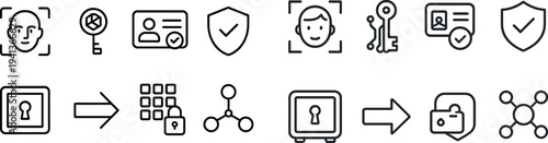 Various icons represent modern security concepts, showcasing elements like facial recognition, keys, identification validation, and secure access mechanisms.