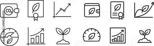 Illustrations depict concepts of environmental sustainability, including carbon emissions, certification, growth analytics, and plant imagery, emphasizing eco-friendly initiatives.