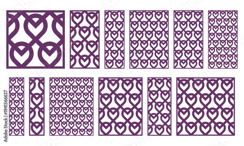 Set of decorative laser cut panels with heart pattern. Romantic ornamental lattice templates for CNC cutting, wood carving, metal screens, partitions, wedding decor and interior wall panels.
