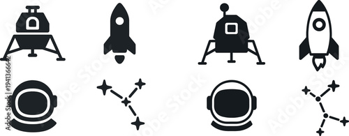 Four black icons represent space exploration, including a lunar lander, a rocket, an astronaut helmet, and a constellation design. These symbols evoke the excitement of discovering the universe.
