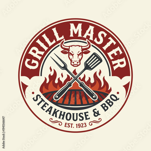 This image features a vintage-style logo for a grill master, showcasing a bull's head, cooking tools, and flames, perfect for steakhouse and BBQ themed designs.