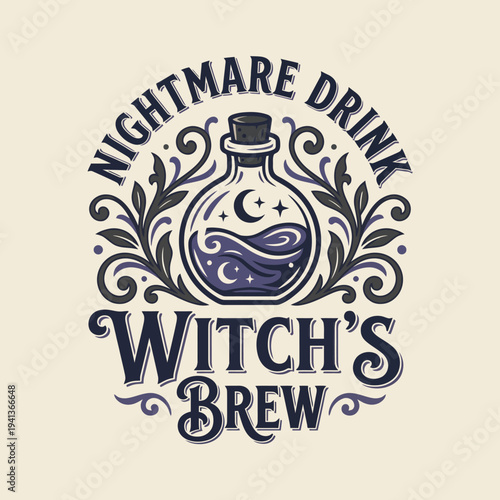 An artistic representation of a witch's brew potion bottle, featuring swirling liquids and cosmic elements, ideal for Halloween or magical-themed projects and merchandise.