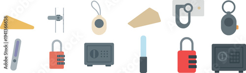 A collection of essential security tools is displayed, including a lock, safe, and tools for securing premises. These items are crucial for safeguarding homes and possessions.