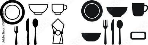 A sleek arrangement of dining essentials including a plate, bowl, cup, fork, knife, spoon, and napkin holder is ready for a meal. The minimalist design highlights culinary elegance.