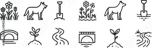 Colorful flowers grow alongside a dog standing alert on a grassy area. Nearby, a shovel lies next to freshly disturbed earth. A small bridge spans a gentle stream, where a young plant emerges.