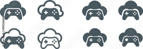 A collection of cloud symbols paired with various game controllers illustrates the concept of cloud gaming. This represents the merging of technology and gaming trends in a digital landscape.
