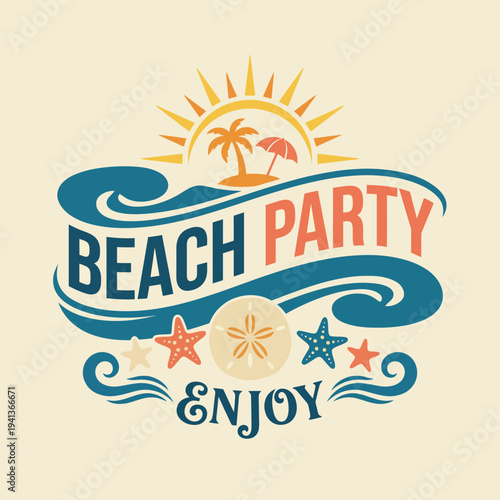 An inviting beach party design featuring lively colors, sun rays, and beach elements, perfect for capturing the essence of summer gatherings and seaside fun experiences.