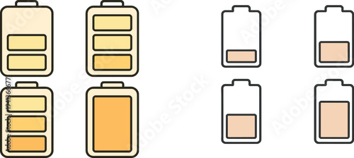 Visual representation of battery charge levels, showing four different states of energy. Each level is depicted with distinct colors indicating different amounts of charge.