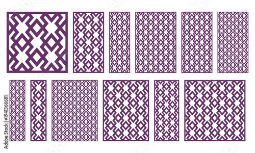 Set of decorative square and rectangular laser cut panels with geometric lattice pattern. Vector templates for CNC cutting, wood carving, metal screen, wall decor, partitions and ornamental design.