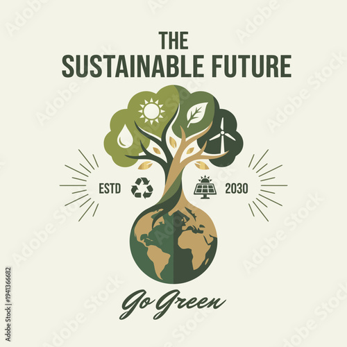 Illustration of a tree growing from a globe, representing sustainability, eco-friendliness, and hope for a greener future. Key elements include water, sun, and wind motifs.