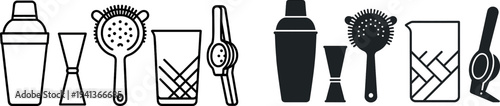 This layout showcases key bar tools including a shaker, a jigger, a strainer, and a glass. These items are essential for mixing and serving cocktails effectively.