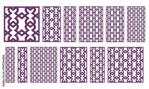 Decorative ornamental laser cut panels with elegant repeating lattice pattern. Vector templates for CNC cutting, wood carving, metal screens, partitions, wall panels and interior decoration.