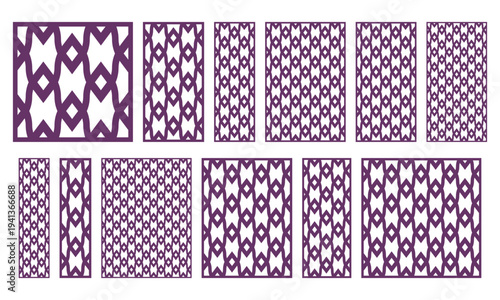 Set of decorative laser cut panels with abstract geometric lattice. Vector fretwork templates for CNC cutting, wood carving, metal screens, partitions, wall decor and ornamental interior design.