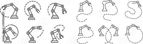 Series of six illustrations showcasing various movements of a robotic arm. These representations highlight flexibility and functionality for manufacturing or automation tasks.
