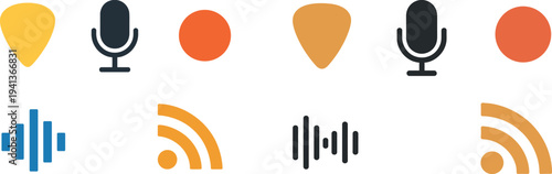 A collection of graphic elements representing music creation tools including a microphone, sound waves, a guitar pick, and audio signals. These symbols indicate various aspects of sound design.