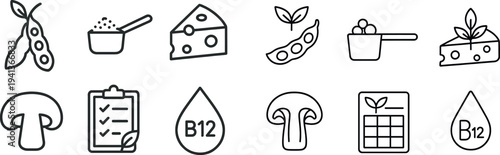 This illustration features various food items like legumes, cheese, and mushrooms alongside dietary elements such as a measuring scoop and vitamin B12.