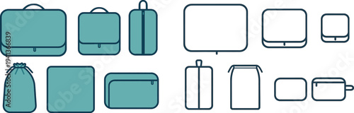 A variety of teal bags and cases are displayed, including a suitcase, shoulder bags, and pouches. These items are designed for travel and everyday organization, showcasing modern styles.