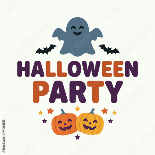 This fun and festive image captures the essence of Halloween with a cute ghost, pumpkins, and bats, perfect for advertising Halloween parties or themed events.