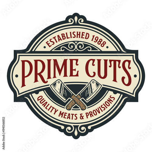 This vintage-style image showcases the 'Prime Cuts' brand with traditional butchery tools, perfect for promoting quality meats and local butcher shops.