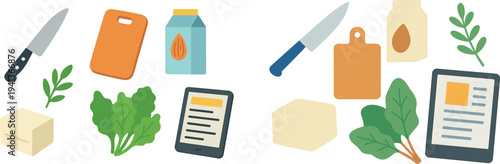 A vibrant layout features a knife, cutting board, almond milk container, tofu block, fresh greens, and a tablet displaying a recipe. This assortment represents meal preparation in a modern kitchen.