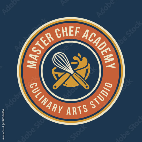 This logo captures the essence of culinary education, featuring a whisk and bowl that symbolize both creativity and skill in the art of cooking at Master Chef Academy.