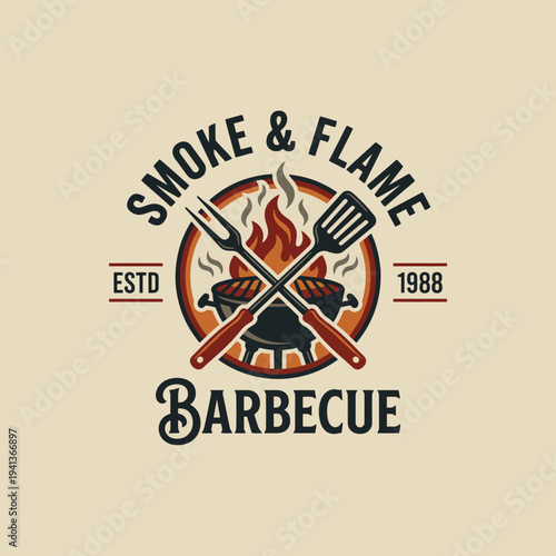 The Smoke & Flame Barbecue logo features a grill with flame graphics, perfect for conveying warmth and passion for grilling since its founding in 1988.
