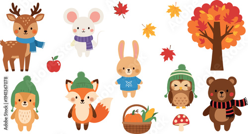 Cute autumn forest animals vector set with fox, bear, rabbit, deer, owl and fall harvest elements illustration