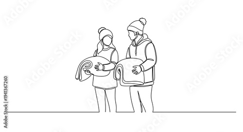 Two volunteers holding donation boxes with heart symbol line art