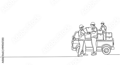 Volunteers unloading aid supplies from truck line art on white