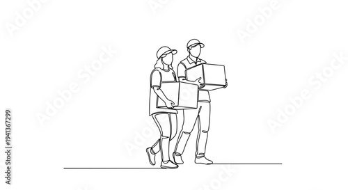 Two volunteers carrying donation boxes line art on white