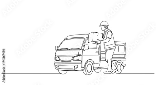 Volunteer loading aid boxes into truck line art on white