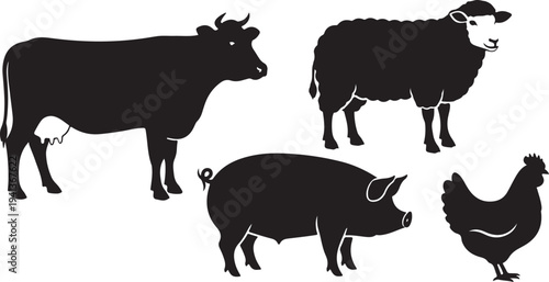Black silhouettes of farm animals on white background illustration