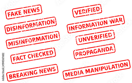 English Media Information Stamps Set - Fake News Disinformation Misinformation Verified Fact Checked Propaganda Media Manipulation Rubber Stamp Effects