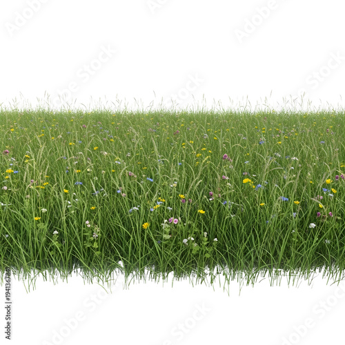 Wide Green Meadow Grass with Wildflowers Isolated on White Background