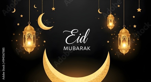 Celebrating the joyous occasion of eid mubarak with illuminated lanterns and crescent moons.