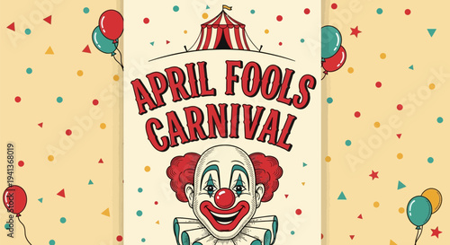 Vibrant april fools carnival poster with smiling clown and colorful balloons on festive background