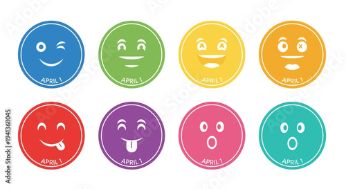 Colorful smiley face icons for april fool's day celebration on white background