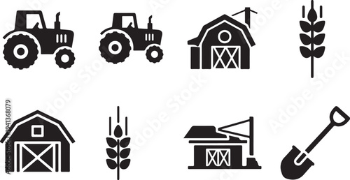 Agricultural icons including tractors and farm buildings symbols set
