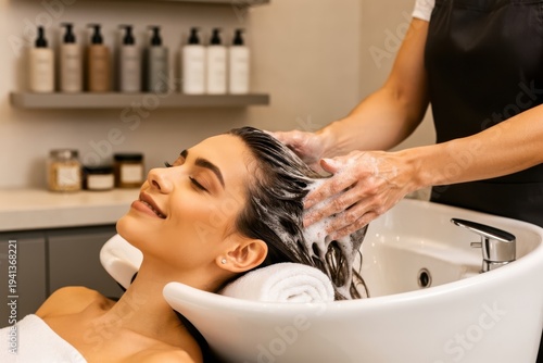 Woman getting hair washed at salon