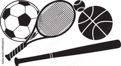 Sports equipment icons including soccer ball and tennis racket
