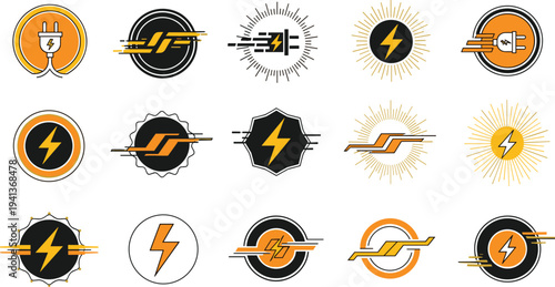 Set of electrical and power energy icons and emblems featuring lightning bolts electric plugs and sunburst effects in yellow and black.