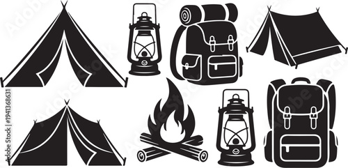 Camping icons with tents, backpacks, and outdoor gear equipment