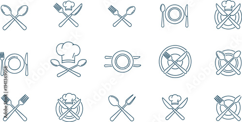 Set of restaurant and kitchen icons featuring crossed spoons forks knives plates and a chef hat in thin line style isolated on white background.