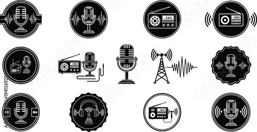 Set of retro radio and podcasting icons and labels featuring vintage microphones radios broadcast towers and sound waves isolated on white background.