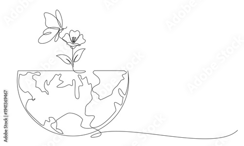 Earth Day continuous line. Globe with plant and butterfly illustrations 2.eps