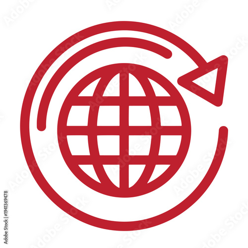 red globe icon with circular arrow symbolizing global connection and rotation in a modern design