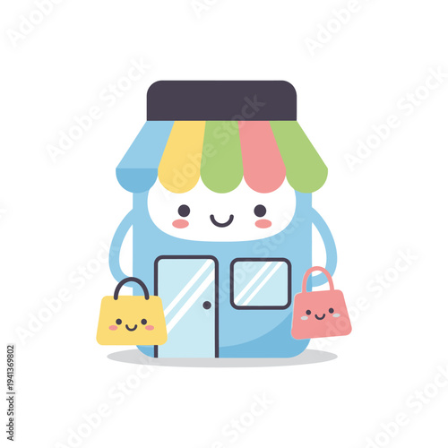 Smiling shop storefront with bags.