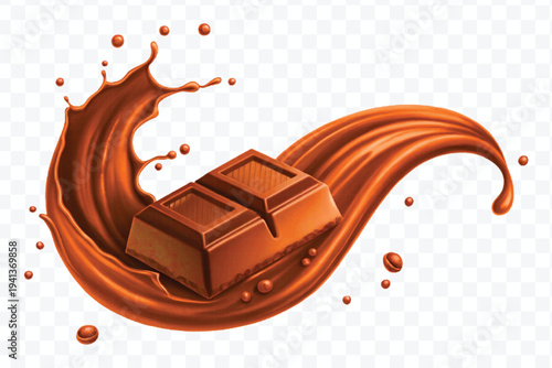 realistic 3d chocolate bar into liquid chocolate splash with bubbles in curve style isolated on transparent background